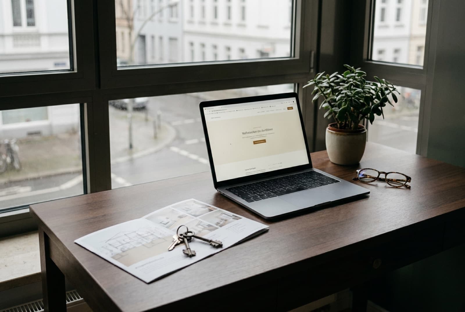 Arbeitsplatz eines Immobilienmaklers am Fenster mit Schlüsseln, Exposé und Laptop